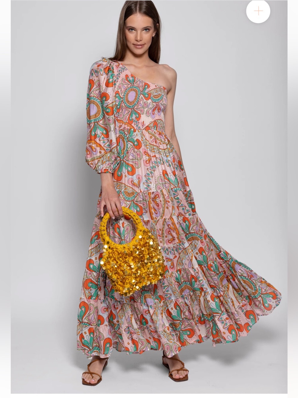 Sundress Brand Joanna Maxi Dress in Havana Tutti Frutti one-shoulder, size M/L